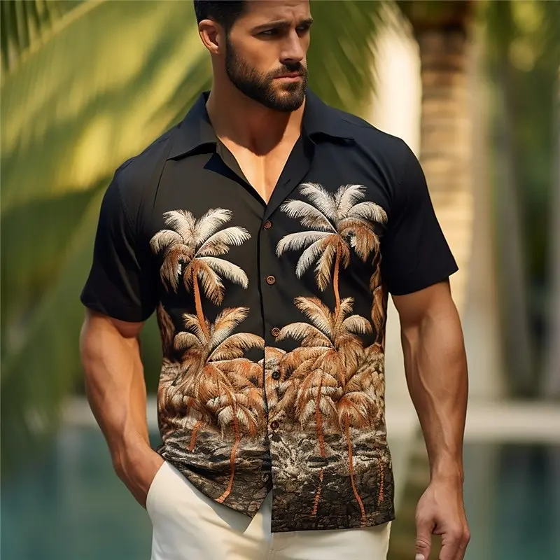 Camisas curtas de coco havaiano luxuosas masculinas, roupas estampa em árvore 3D, tops casuais de mangas, blusa de festa na praia, verão Y2k