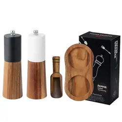 Salt and Pepper Mills Sets With Base Solid Wood Spice Grinder With Adjustable Ceramic Core Steel Ring Salt Shakers Grinding Sets