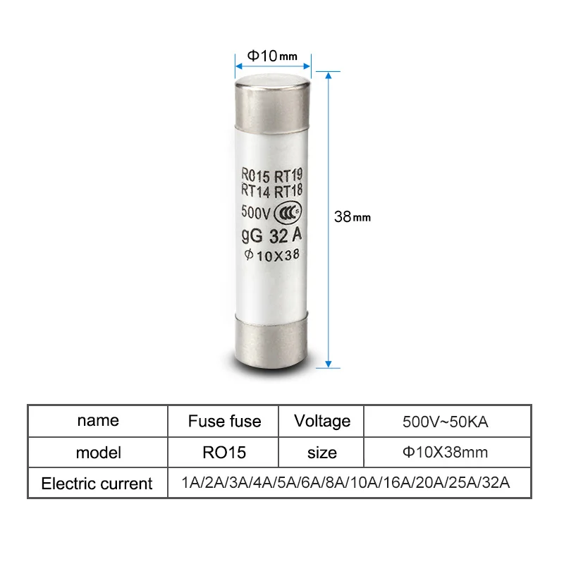 10Pcs 10*38 Fast Blow Ceramic Fuse 10x38mm 500V 1A 2A 3A 4A 5A 6A 8A 10A 16A 20A 25A 32A RO15 R015 RT19 RT14 RT18