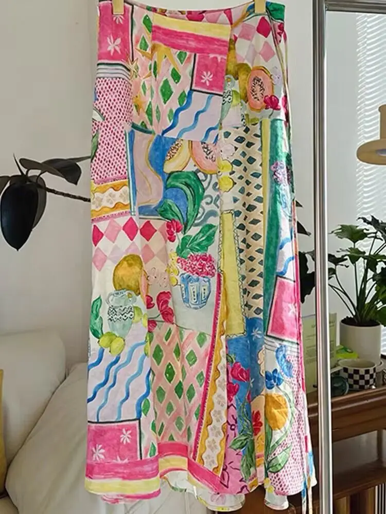 fiti Pink Print A-Line  Skirt Women's High Waist Midi Skirt Summer New Design Small Size Faionable Cotton Skirt