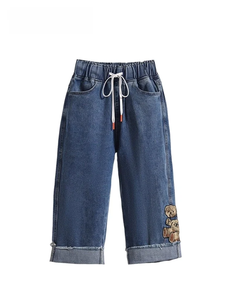 

Джинсовые брюки-капри с высокой талией больших размеров для женщин, летние свободные модные брюки, корейские хлопковые брюки для фигуры типа «груша»