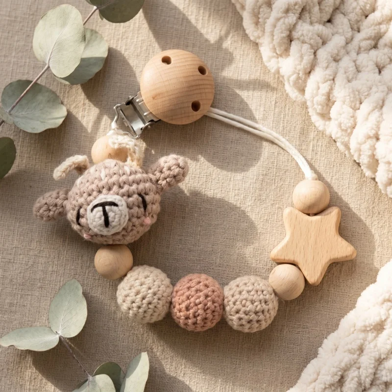 Personalized Baby Pacifier Clip Crochet Bear Wooden Star Teether Holder Custom Name Baby Shower Gift BPA Free Handmade Chain image 4