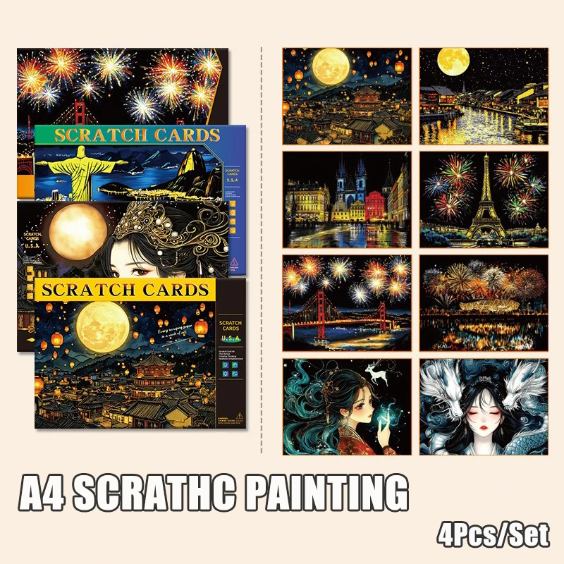 4 Pcs/set A4 DIY Scratch Painting Urban Architectural Landscape Scenery Character Illustration Night View Scratch Painting Toys