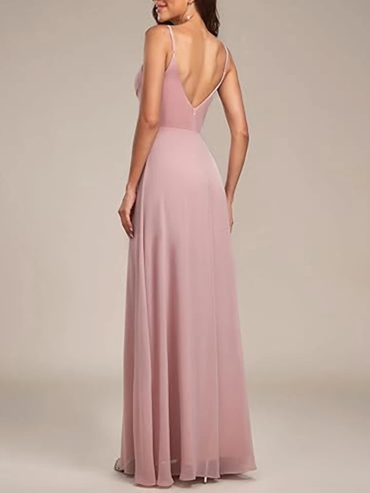 Women's Spaghetti Strap V Neck Chiffon Formal Wedding Bridesmaids Elegant Simple Evening Dress Slit Banquet Guest Maxi Dress