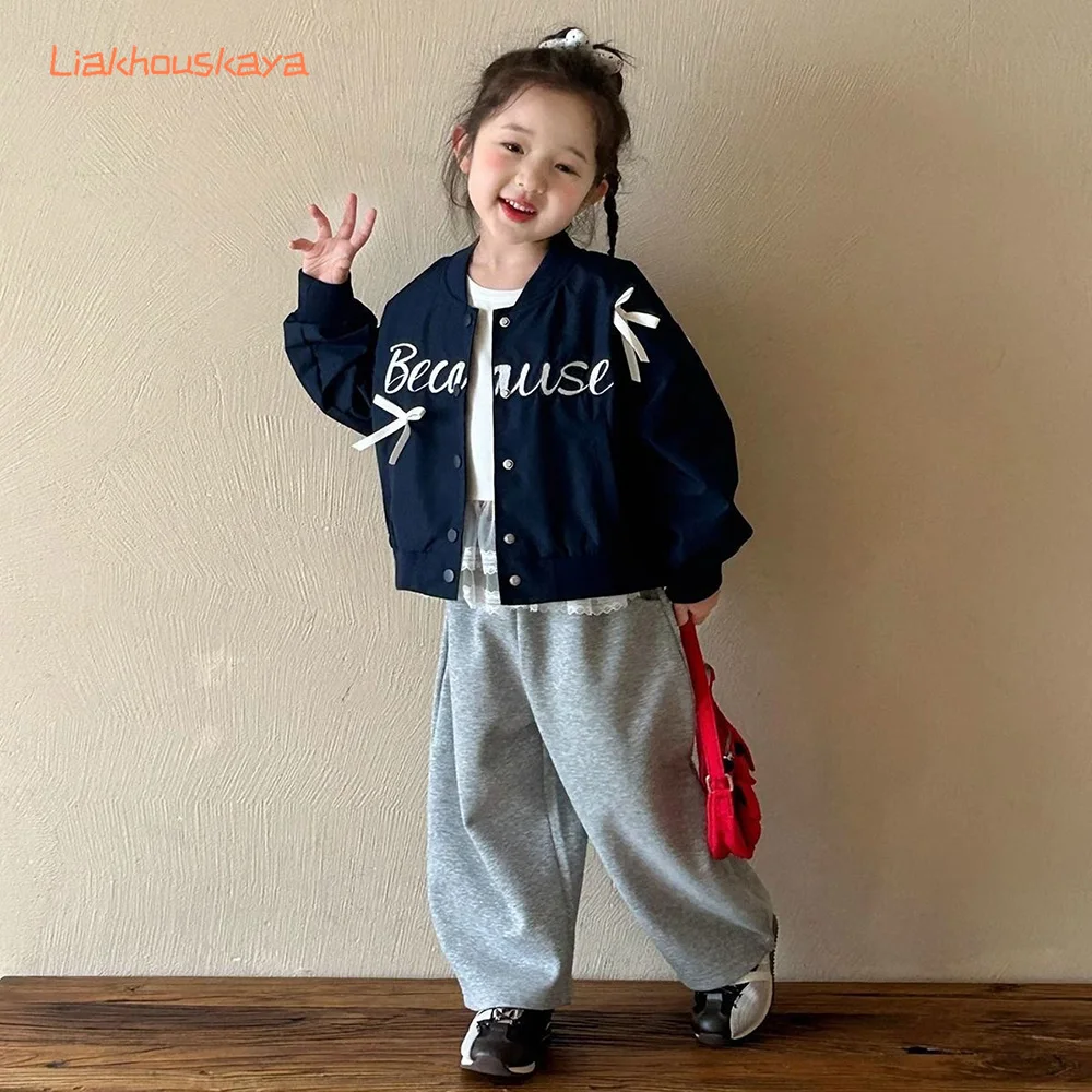2026 New Girls Bowknot Baseball Jacket Spring Autumn Kids Outerwear 2-7Y Fashion Princess Coat Toddler Casual Zipper Bomber Tops