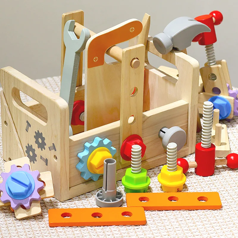 

Montessori Wooden Hand-held Toolbox Containing Screws Nuts and Other Disassembly Tools Equipped for Playing House Puzzle