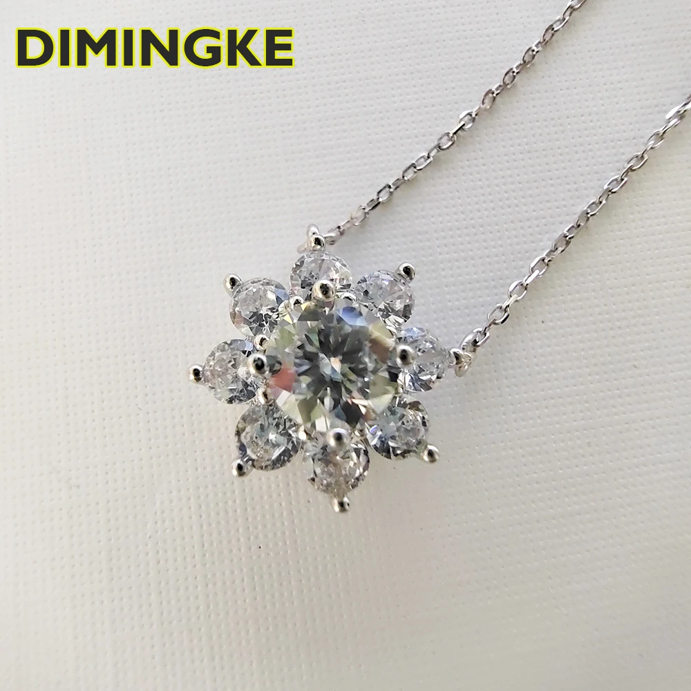 

DIMINGKE S925 Silver Sunflower Necklace Real 1CT D Color Moissanite Pass Diamond Test Jewelry Woman Wedding Party Gift