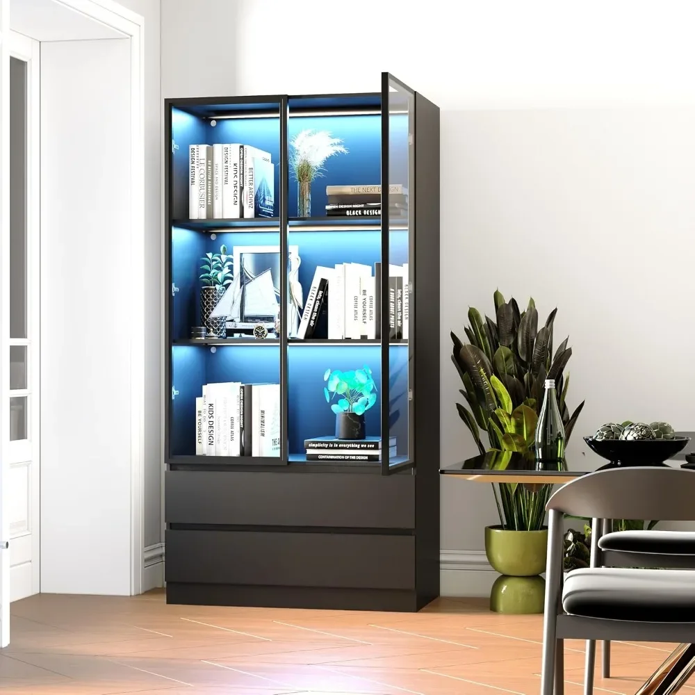 

Glass Display Cabinet with Glass Doors Lights, Storage Cabinet Display, Lighted Bookcase for Home Office,Glass Display