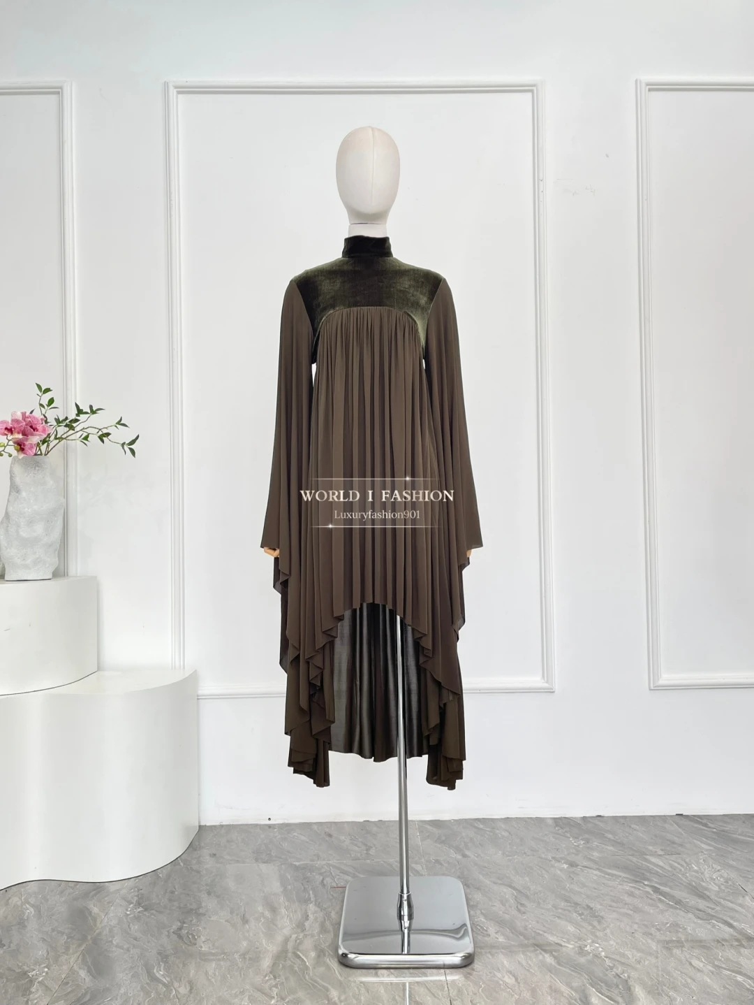 2025년 신상 패셔너블 다크 브라운 루즈 롱 슬리브 불규칙한 밑단 미디 드레스 여성용