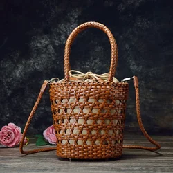 Bucket Women's bag new 2024 messenger shoulder bag Cowhide hollow woven bag summer Casual Inner Fabric Vintag Shopping Bag