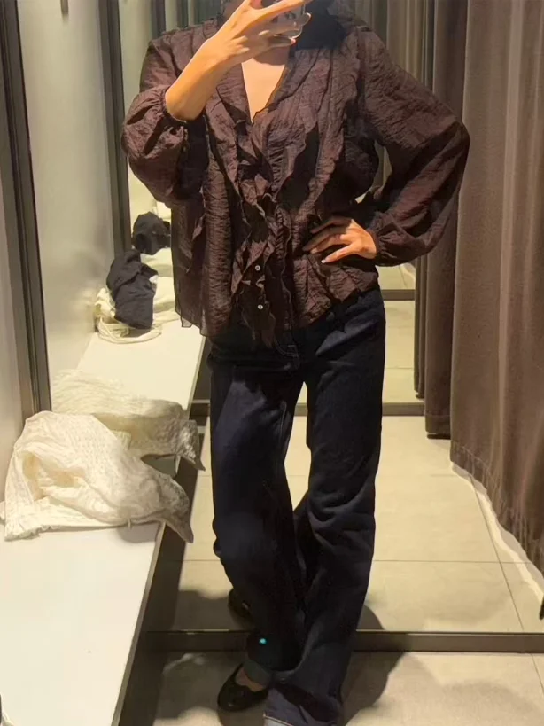 

Fall 2025 New Sle Women's Spicy Girl Faion Semi-Transparent Overlap Decoration Long Sve irt Top French Sle Loose Fit