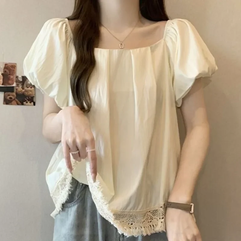 우아한 아름다운 프랑스 레이스 Tassels Boho 블라우스 스퀘어 칼라 퍼프 슬리브 스위트 셔츠 젊은 여성 캐주얼 탑 한국 패션