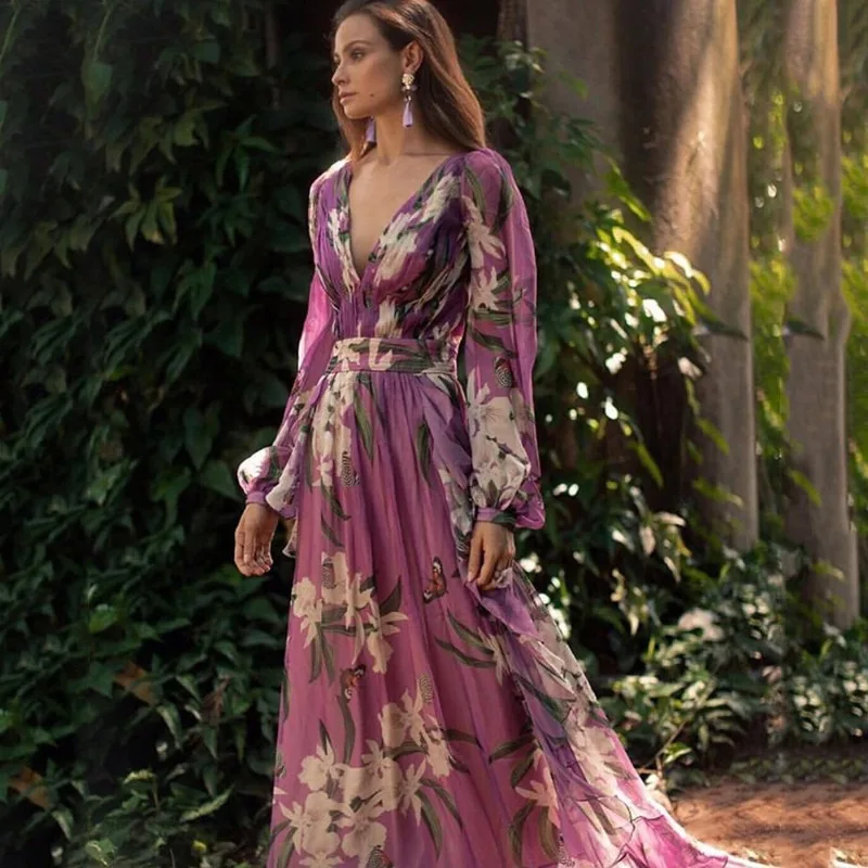 

Winter 2025 Women's V-neck Long Sleeve Four-way Elastic Print Maxi Dress Full-length Regular Sleeves Polyester Fiber Empire Wais