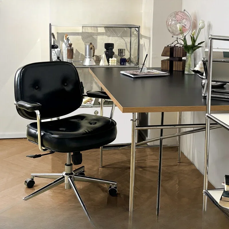 

Retro wax leather computer chair bedroom sedentary desk swivel back study office girls medieval chair