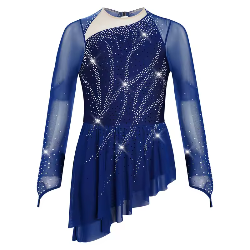 Kids Girls Figure Skating Rhythmic Gymnastics Leotard Dress Asymmetrical Split Shiny Rhinestones Contrast Color Dress Ballerina - Image 15