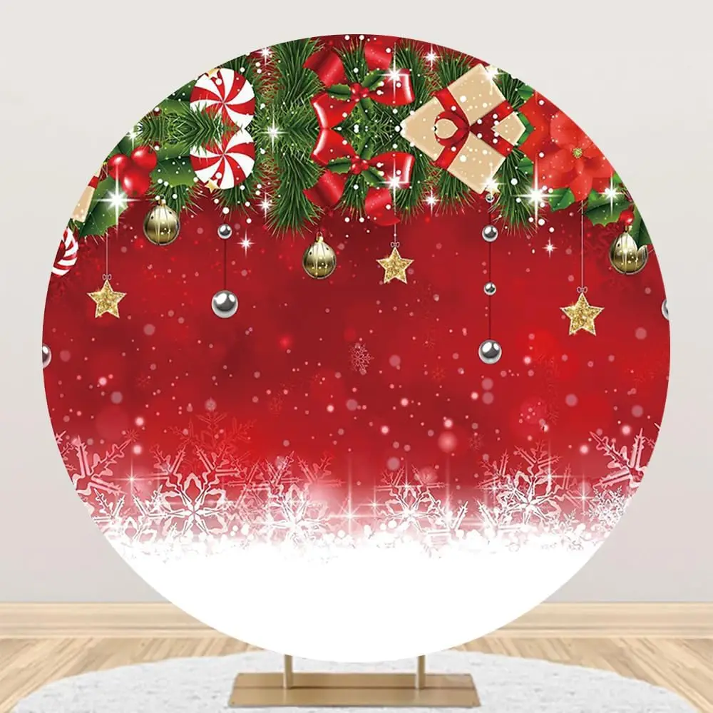 Merry Christmas Round Backdrop Cover Star Bell Bow Green Pine Branches Red Photography Christmas Party Decor Background Studio