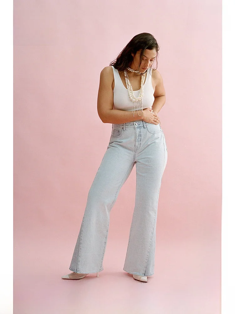 

Fashionable Bell Bottom Jeans HM Summer Stylish Denim Pants 1290672 Wide Leg Natural Waist Long Cotton 100% Ladies Jeans