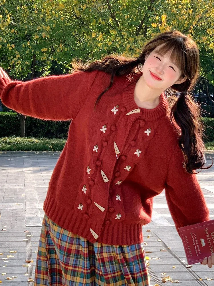 

Japanese Style Red Sweet Cardigan Women Vintage Preppy Style Knitted Sweater Casual Lazy Wind Female Tops Christmas