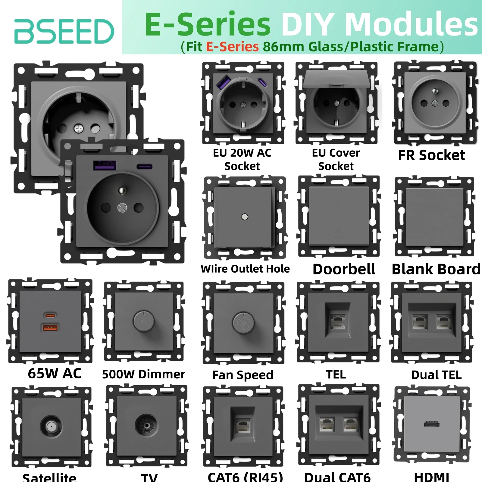 BSEED WIFI Button Click Switch Modules Smart Switch Parts Gray Glass Frame DIY Combination Wall Sockets USB Charge Key E-Series