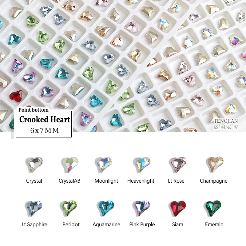 Hot 6x7MM Crooked Heart Pointed Bottom Rhinestone K9 Glass Manicure Crystal Nail Art Rhinestone Stone 3D DIY Decoration Diamond