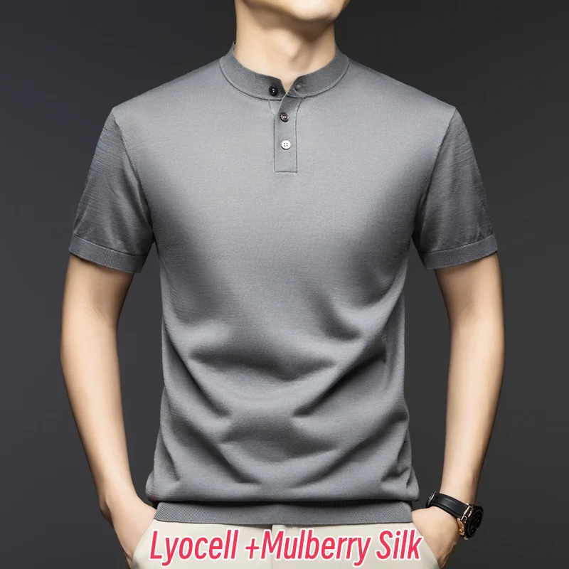 

64% Lyocell Men Tops 2025 Spring Casual Buttons Knit Tees Short Sleeve Male Knitwear Thin Mulberry Silk Knit T-shirt