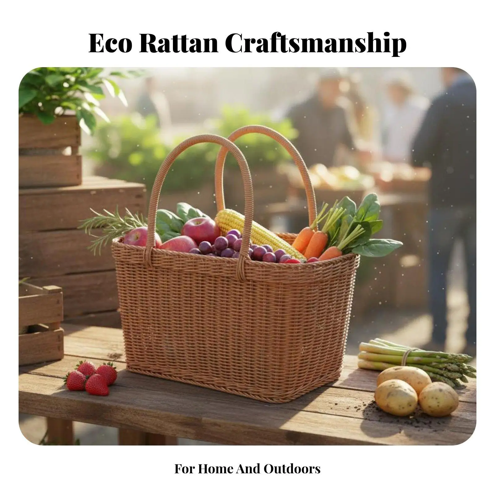 Handwoven Rattan Picnic Basket with Handle for Outdoor Family Gathering Wicker Shopping Fruit Holder