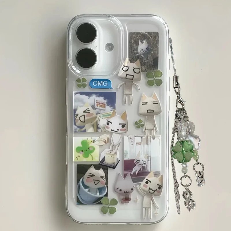 Japan INS Creative Cute Kitten Lucky Clover Phone Case For iPhone 17Promax 16 15 14 13 12 11 Pro XSMax 78Plus Y2K Kawaii Cover 