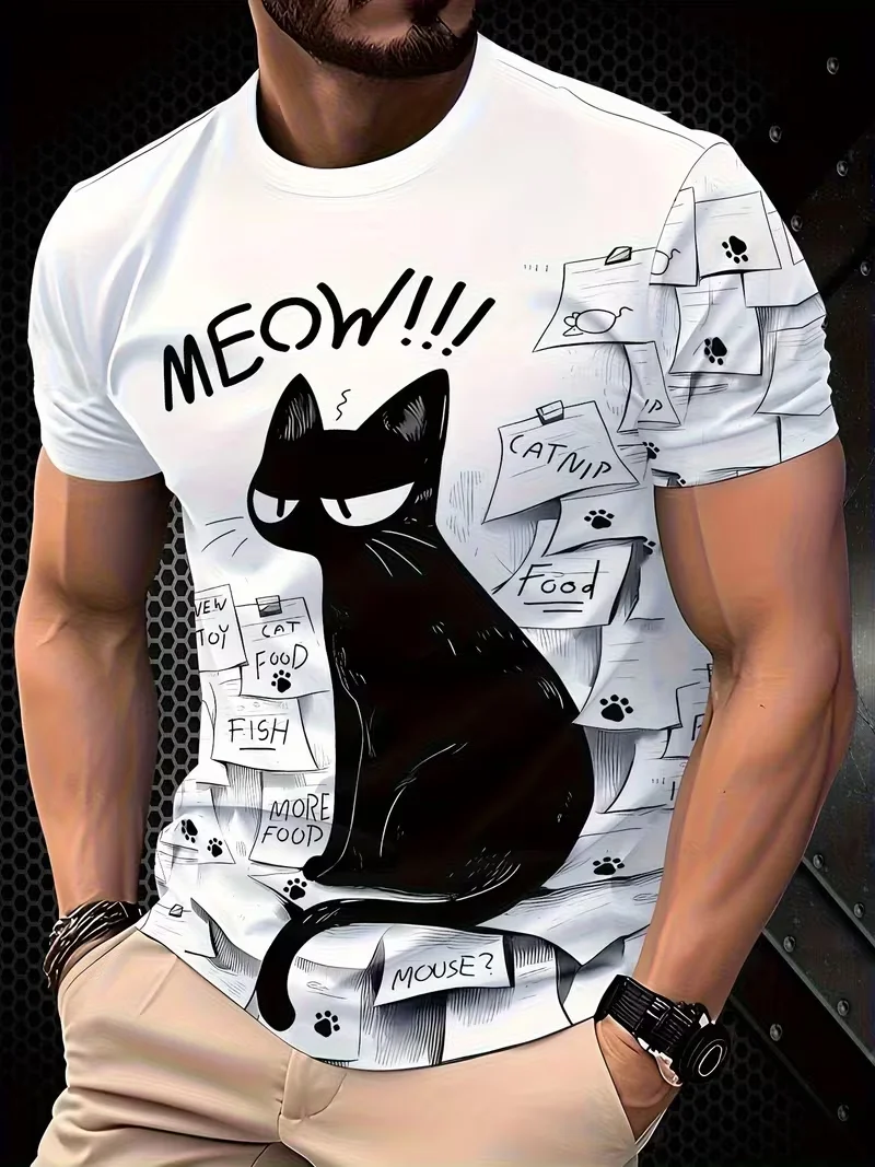 Mens T-shirt black white sketch cat memo paper food mouse text print short sleeve crew neck loose pet lover fashion tee