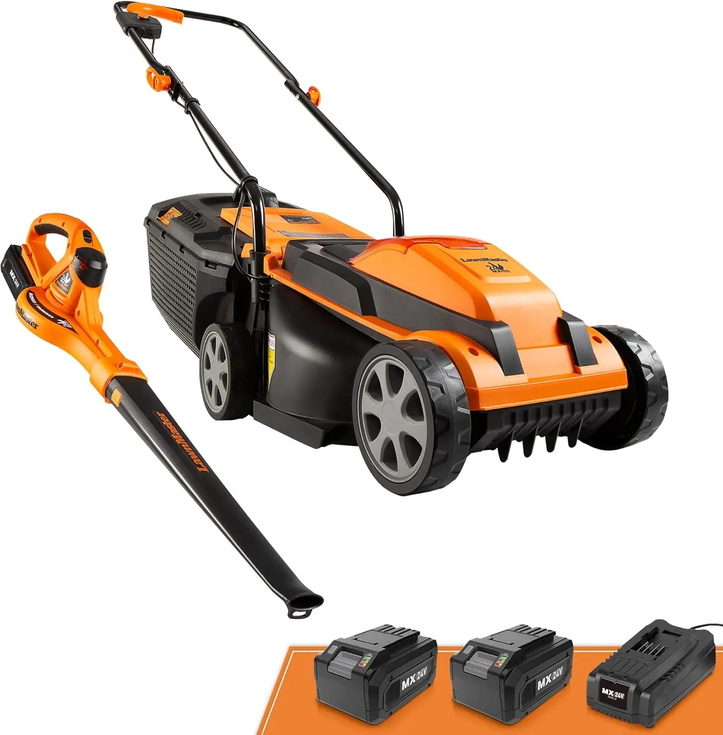 

24V Cordless Lawn Mower & Leaf Blower Combo with 2 Batteries, 13-inch Deck, Adjustable Cutting Height