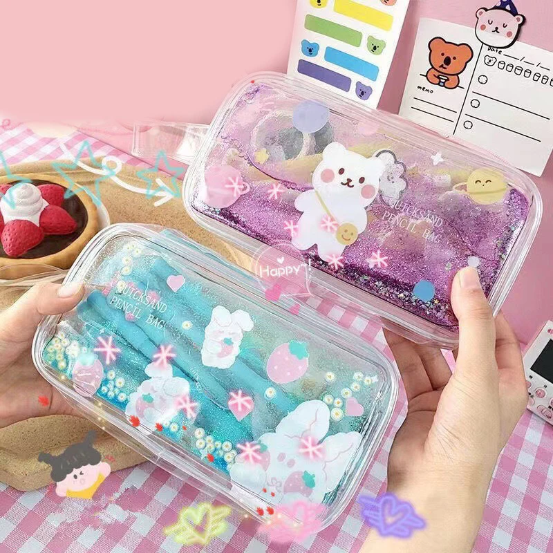 Cute Transparent Quicksand Pencil Bag Cartoon Bear Rabbit Stationery Bag Large Capacity Cosmetic Bag School Office Supplies