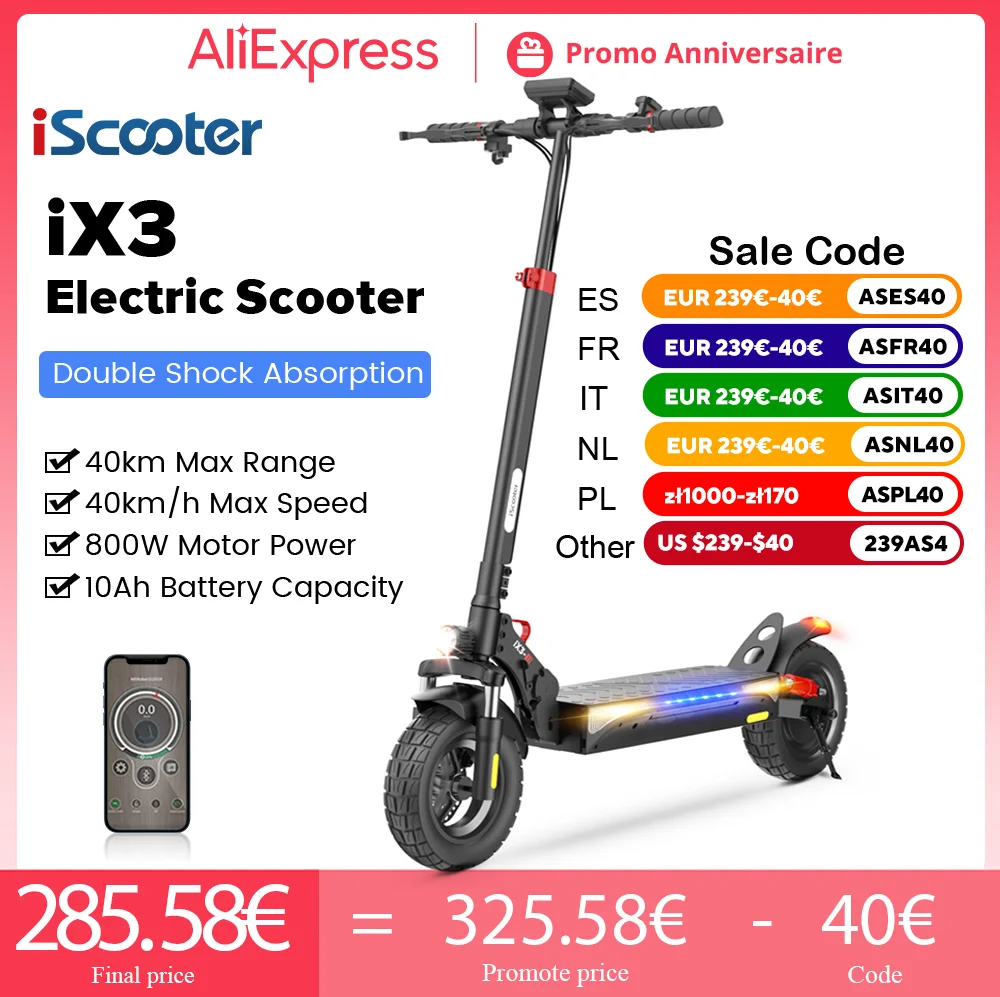 iScooter iX3 Electric Scooter 800W 10Ah Powerful Electric Kick Scooter Anti-skid Off Road Pneumatic Tire 40km Range  eScooter