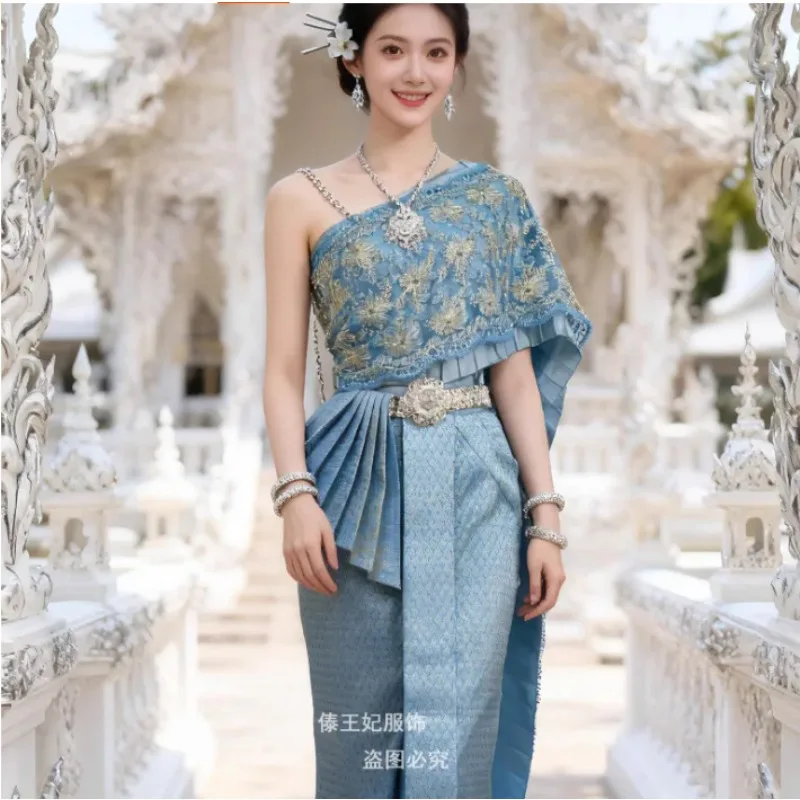 Everbright Store Thai Traditional Clothing Women's Shoulder Slant Shoulder Off-Shoulder Double Shawl Hip Wrap Skirt Slim Fit