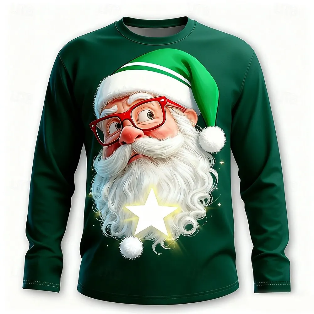 Christmas Men's Santa Claus Funny T Shirt Long Sleeve T shirt 3D Prints Crew Neck Shirts Fashion Basic 3D Street Casual Apparel image 4
