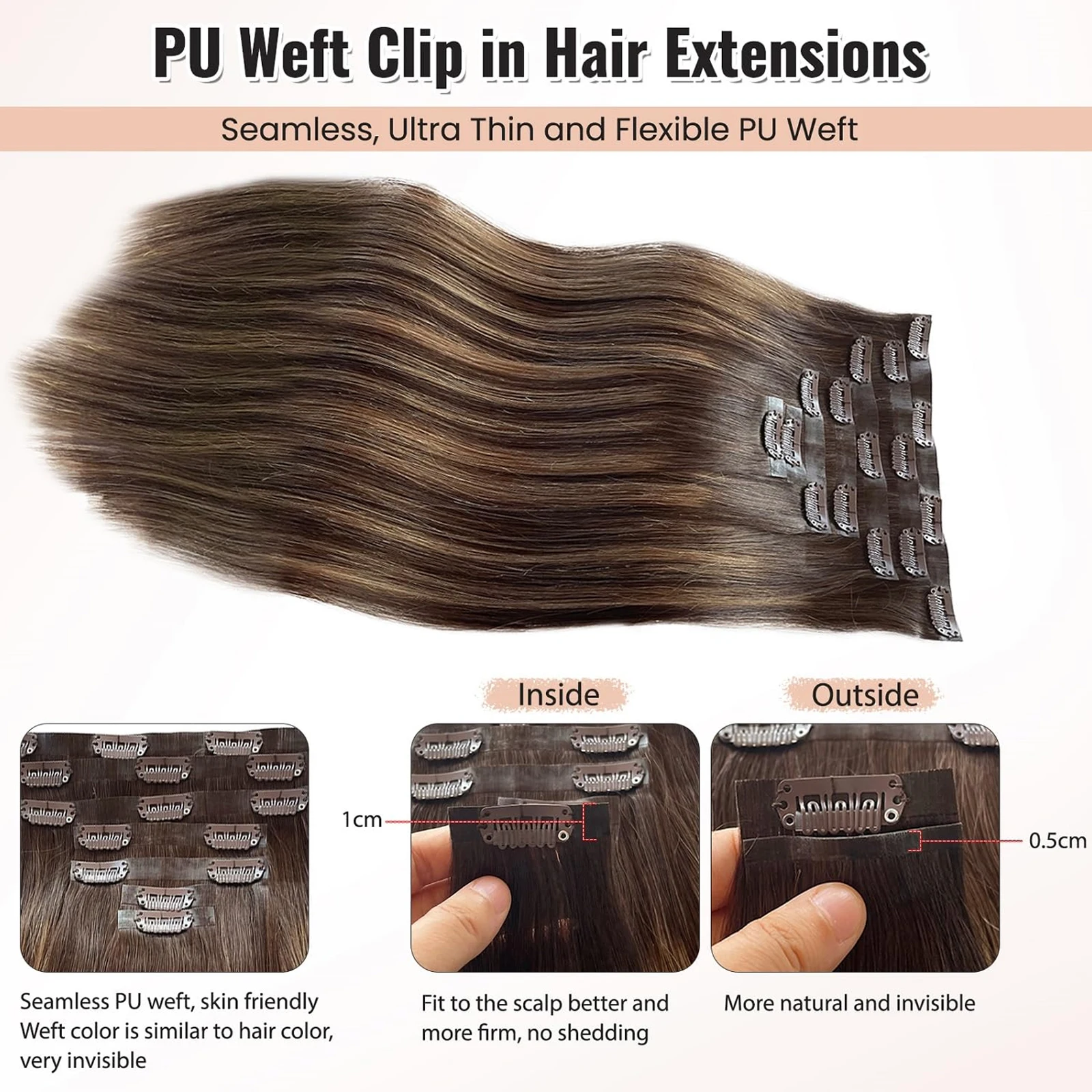 Ekstensi rambut lurus dalam ekstensi rambut manusia 100% rambut manusia asli #4/27 klip pirang highlight coklat rambut Remy Ins untuk wanita 140G