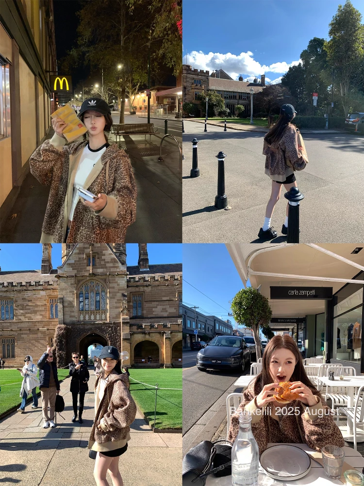 سترة بغطاء للرأس بطبعة الفهد الرجعية بأكمام طويلة للنساء بتصميم فضفاض