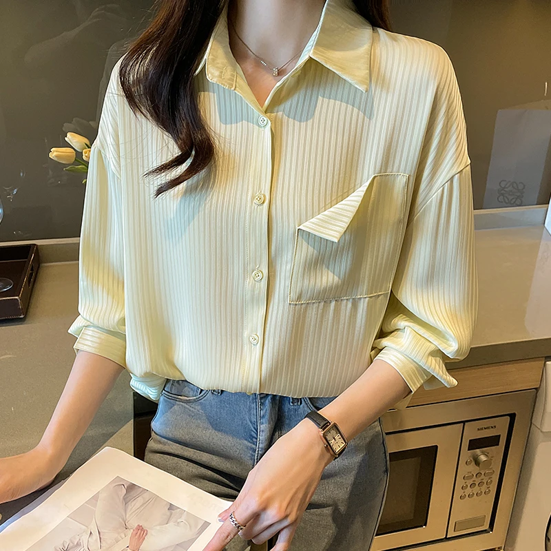 2022 New Dark Stripe Femme Clothing Pocket Long Sleeve Elegantes Shirts for Women Tops and Blouses Black and Yellow Solid 1728