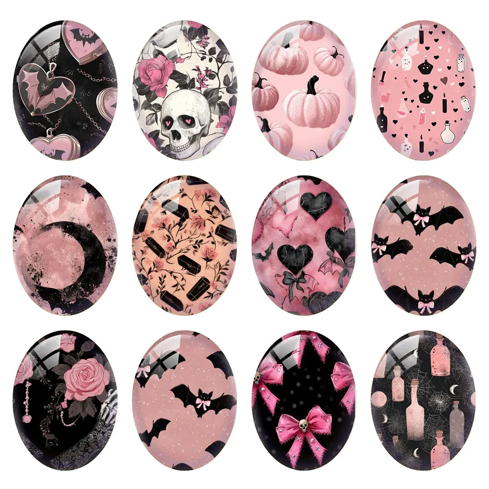 Random Mixed Round/Oval/Square Pink Goth Halloween Witch Bat Photo Glass Cabochon Flatback Demo Cameo For Diy Jewelry Making