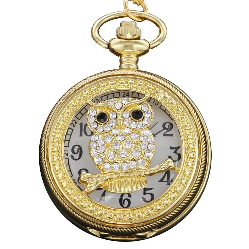 Gold Exquisite Owl Relief Men's and Women's Quartz Pocket Watch Vintage Necklace Pendant Best Festival Gift Clock