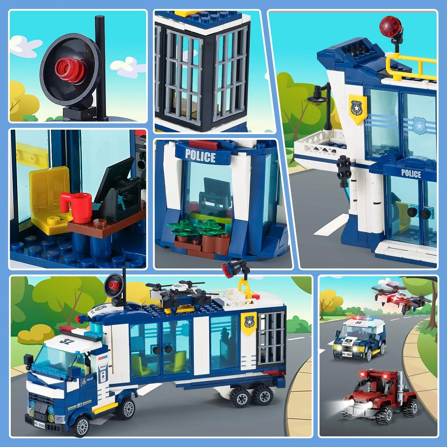 3 IN 1 City Police Station Building Blocks Toy STEM Set with Police Car Bandit Car Drone Bricks Toys for Kids 6+ years Boys Gift