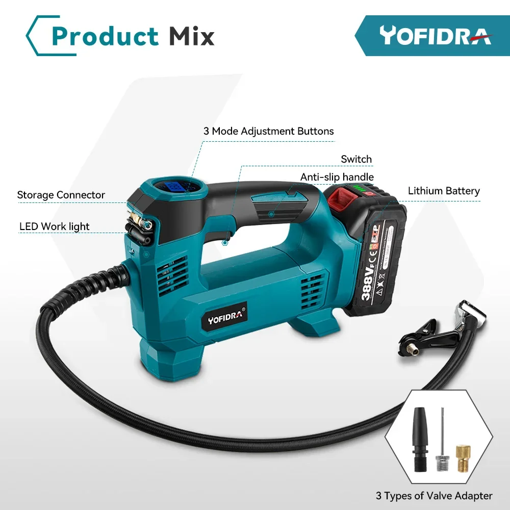 Yofidra 830Kpa Inflatable Pump High Pressure Digital Air Compressor Car Electric Air Pump Pneumatics For Makita 18V Battery