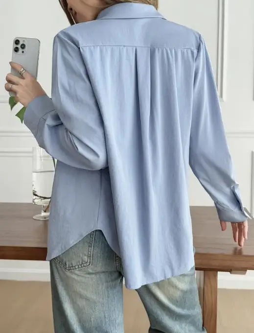 

Autumn Casual Simple Commuting Style Long Sleeved Shirt Fashionable Women's Solid Color Lapel Single Breasted Long Sleeved Shirt