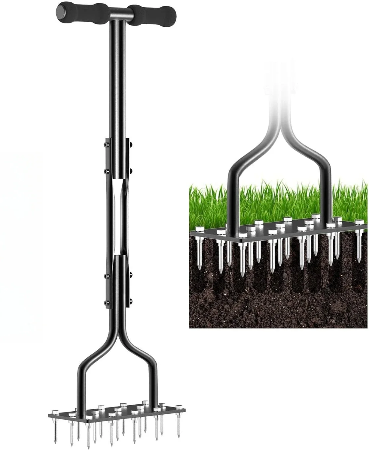 

Lawn Aerator Spike Manual Tool with 15 Iron Spikes 2 in 1 Grass Soil Aeration Tool for Lawn Air Aerator Garden & A Cleaning Tool
