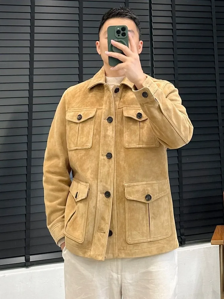 Mens Luxury Genuine Leather Multi Pocket Jacket Single Breasted Retro Sheepskin Suede Jackets Fashion Solid Color Lapel Coat