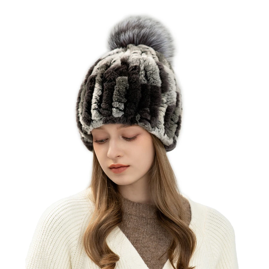 Women Real Fox Fur Pompom Knitted Warm Elastic Fashionable Fluffy Thick Outdoor Natural Rex Rabbit Fur Hat