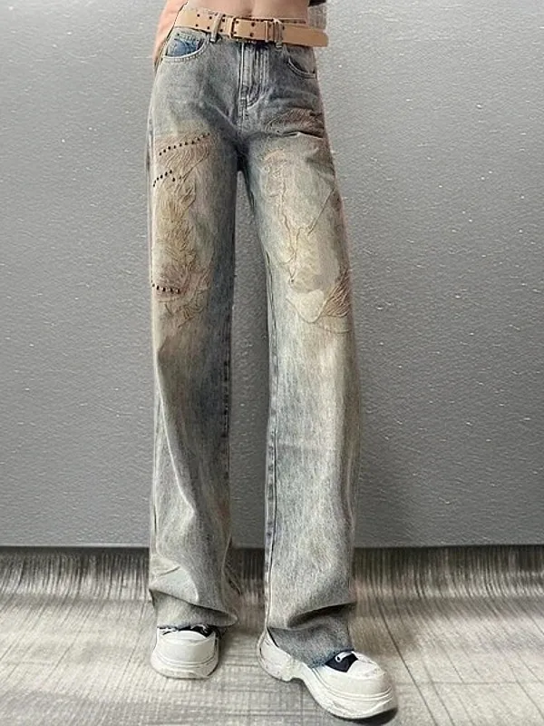

Spring New Sle Women's Loose Straight Leg Jeans Embroidered Beaded Floor Length Wide Leg Pants Casual High Waist Denim