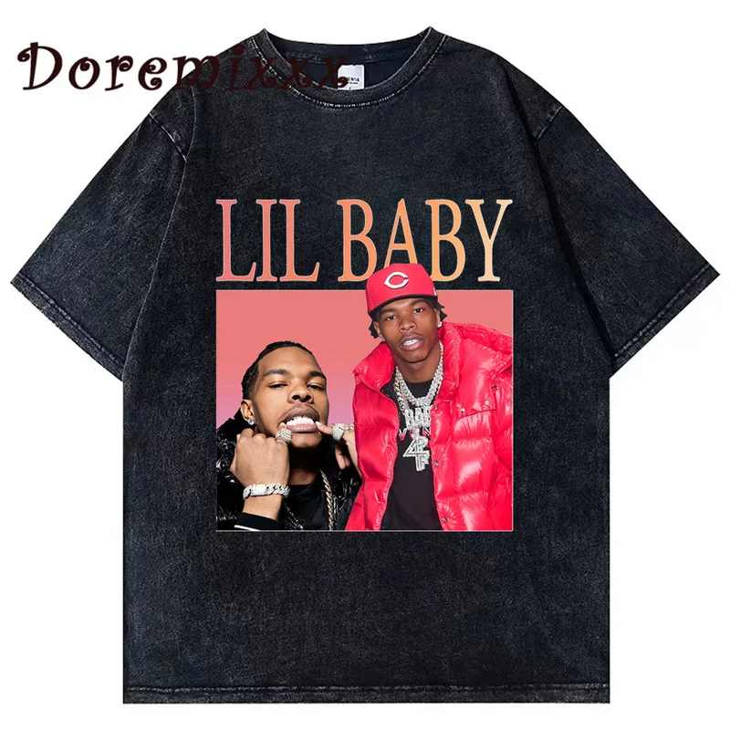

Retro Washed T-shirt Hip Hop Rapper Lil Baby T Shirt Vintage Graphic Tee Shirt Oversized Cotton Short Sleeve T-shirts Streetwear