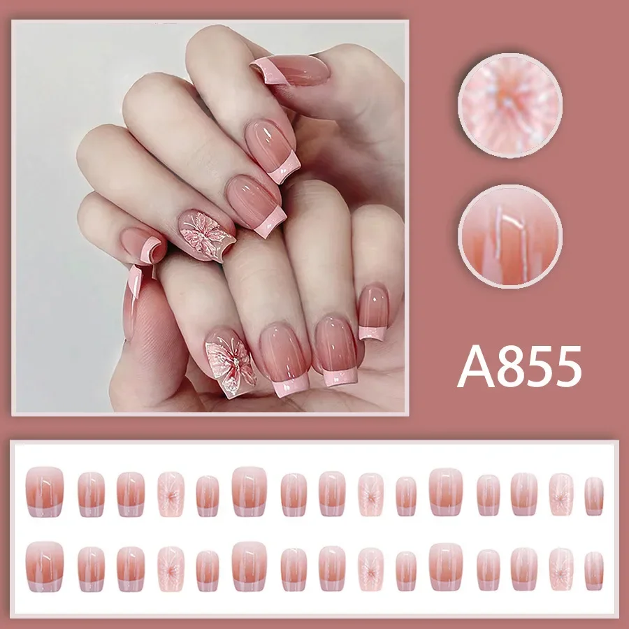 

Pink French & Butterfly Press On Nails, Short Square Fake Nails, Nude Base with 3D Design Removable False Nail Tips