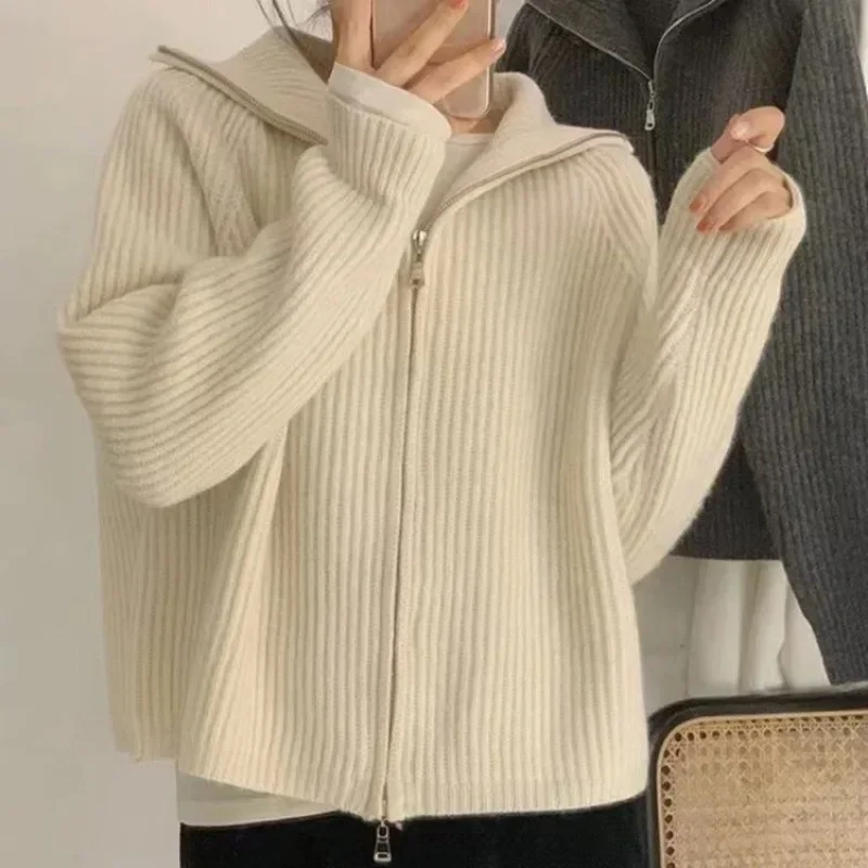 

Casual Knitted Cardigan Sweaters Women 2022 Autumn Vintage Zip-up Solid Loose Long Sleeve Tops Knitwear Chic Kpop