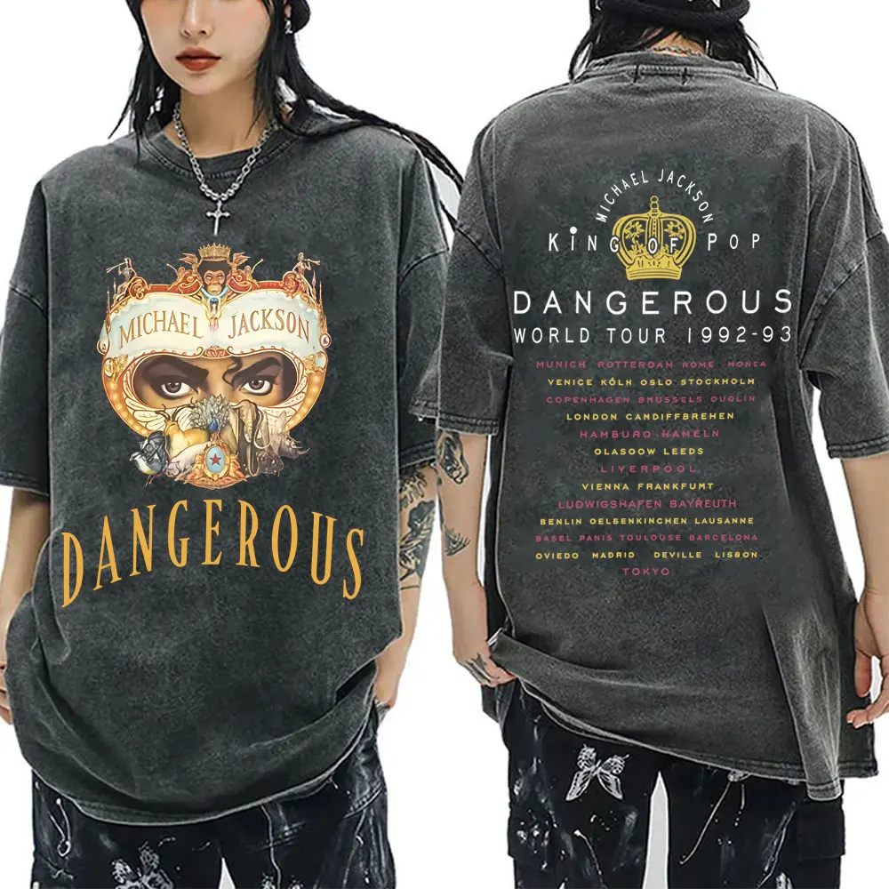 Washed Vintage Michael Jackson King of Pop Dangerous World Tour T-shirt Men's Retro Gothic Rock T Shirt Male Oversized T-shirts