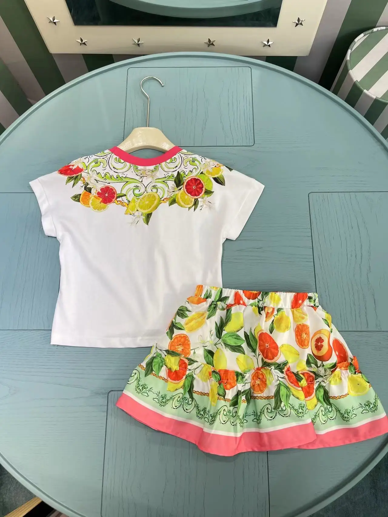 Girls Summer Clothes Set Kids Short sleeved T-shirt Designer Flowers Lemon Print Tops Skirt 2Pcs Suit Children Outfits Girl Tees